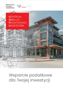 Okładka broszury. Logotypy Ministerstwa Finansów i Krajowej Administracji Skarbowej. Tytuł: "Centrum Obsługi Podatkowej Inwestora". Podtytuł: "Wsparcie podatkowe dla Twojej inwestycji".