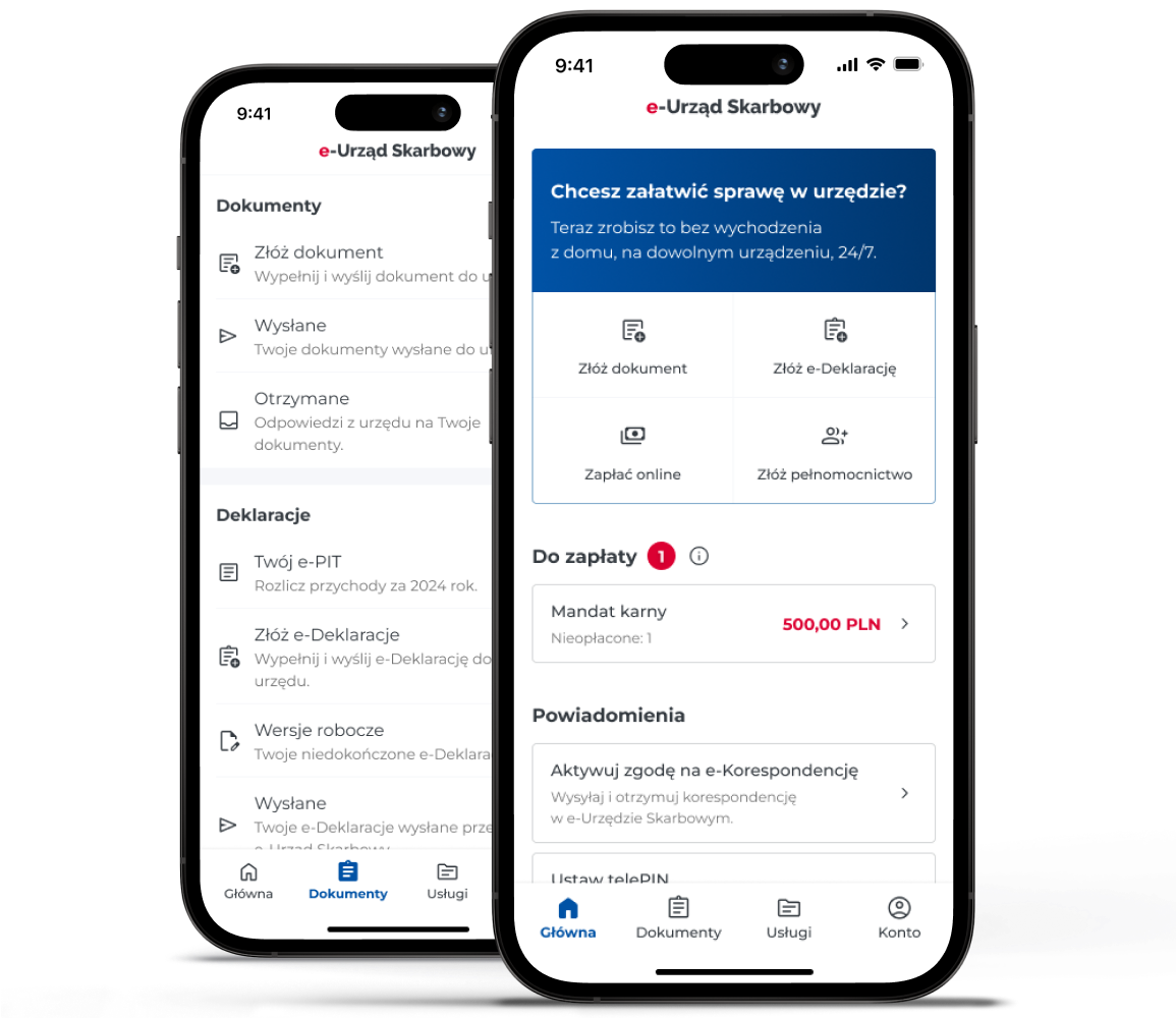 Telefon komórkowy, na których widoczne są ekrany aplikacji e-US