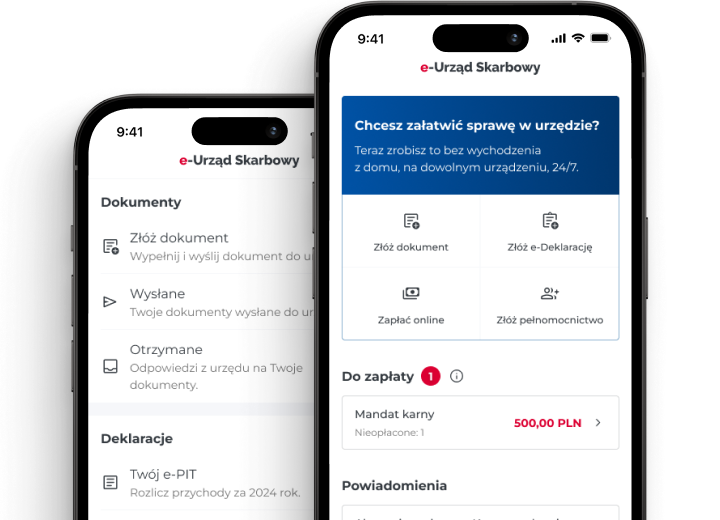 Dwa telefony komórkowe, na których widoczne są ekrany aplikacji mobilnej e-US