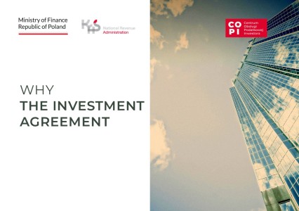 Cover of a booklet titled "Why the Investment Agreement". Logos of the Ministry of Finance, National Revenue Administration, and the Investor's Tax Service Centre on the top. On the right-hand side - a graphic for illustrative purposes only.