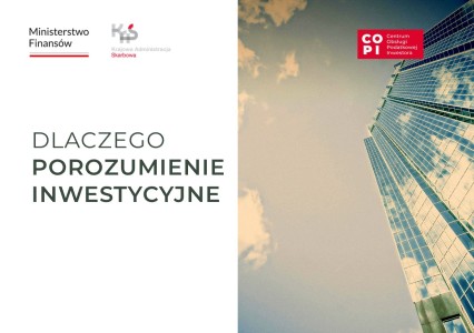 Okładka publikacji "Dlaczego Porozumienie Inwestycyjne". Na górze logotypy Ministerstwa Finansów, Krajowej Organizacji Skarbowej i Centrum Obsługi Podatkowej Inwestora. Z prawej - zdjęcie ilustracyjne.