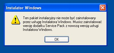Komunikat błędu instalatora wtyczki w Windows XP