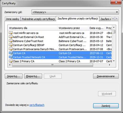 Podgląd zakładki zaufane główne urzędy certyfikacji w przeglądarce IE