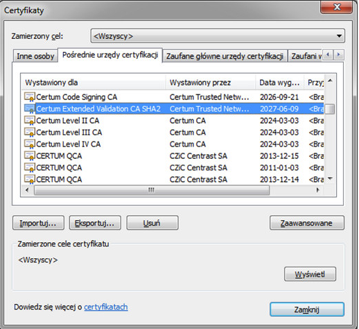 Podgląd zakładki pośrednie urzędy certyfikacji w przeglądarce IE