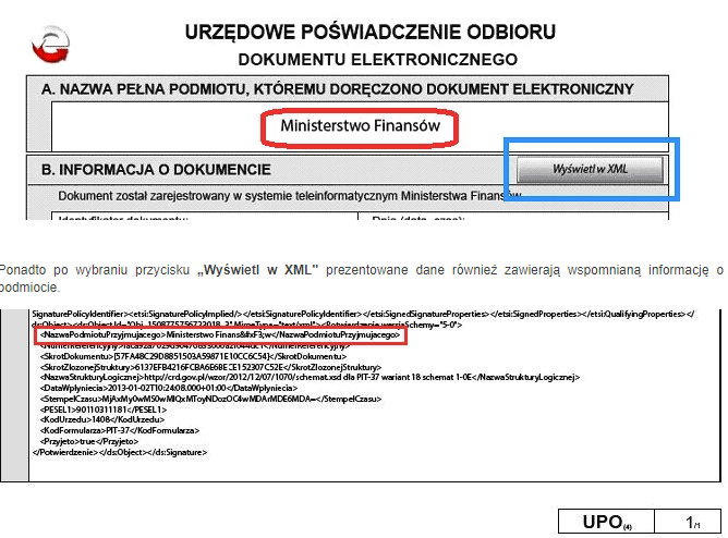 Przykład informacji zawartych w formularzu UPO