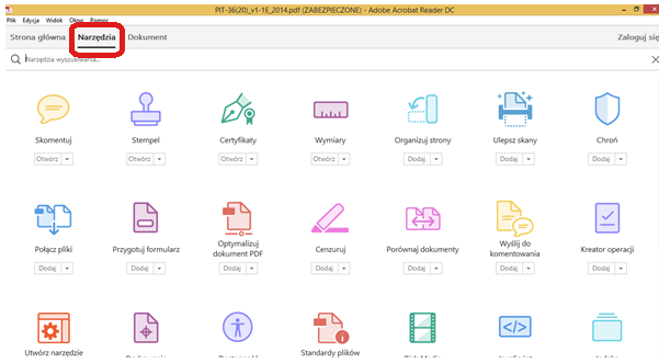 Okno zakładki narzędzia w interaktywnym pliku PDF