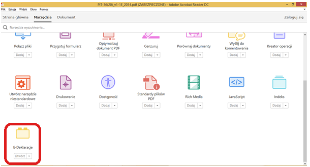 Okno zakładki Narzędzia w interaktywnym pliku PDF ze wskazaniem umiejscowienia opcji E-deklaracje