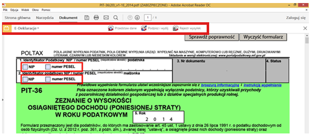 Przykład okno formularza interaktywnego po włączeniu opcji e-deklaracje w PDF