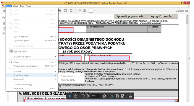Umiejscowienie opcji "Importuje dane" w Adobe Reader DC