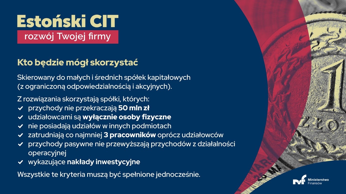 Widok zbliżenia monety o nominale 1 zł. Napis: Estoński CIT rozwój twojej firmy