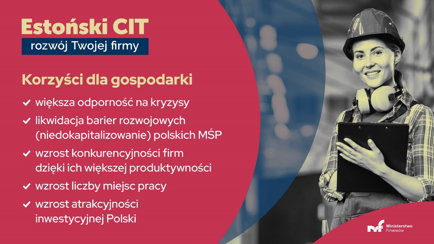 Widok kobiety w kasku, ze słuchawkami na szyi oraz trzymającą podkładkę. Napis: Estoński CIT rozwój twojej firmy