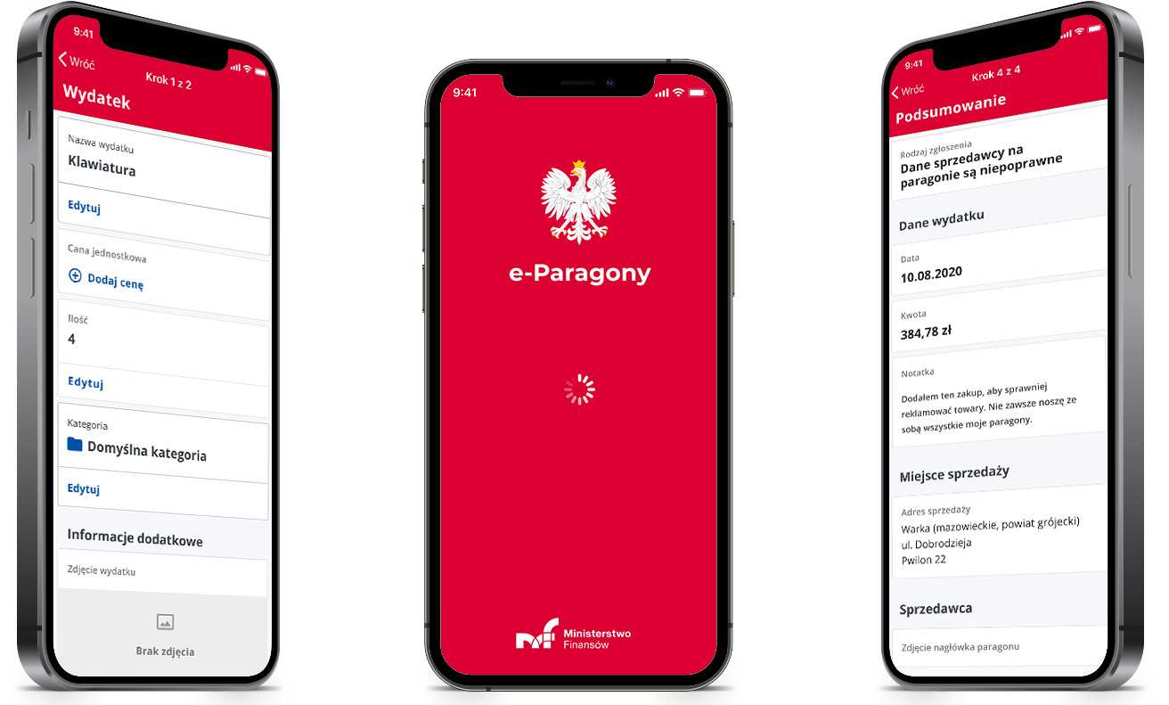 Obraz przedstawia trzy ekrany aplikacji, główny oraz ekrany dodawnia wydatku