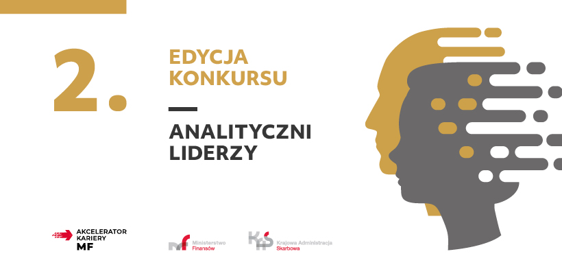 Plakat: 2. edycja konkursu Analityczni Liderzy. Dwie głowy złota i srebrna. Na dole logotypy organizatorów.