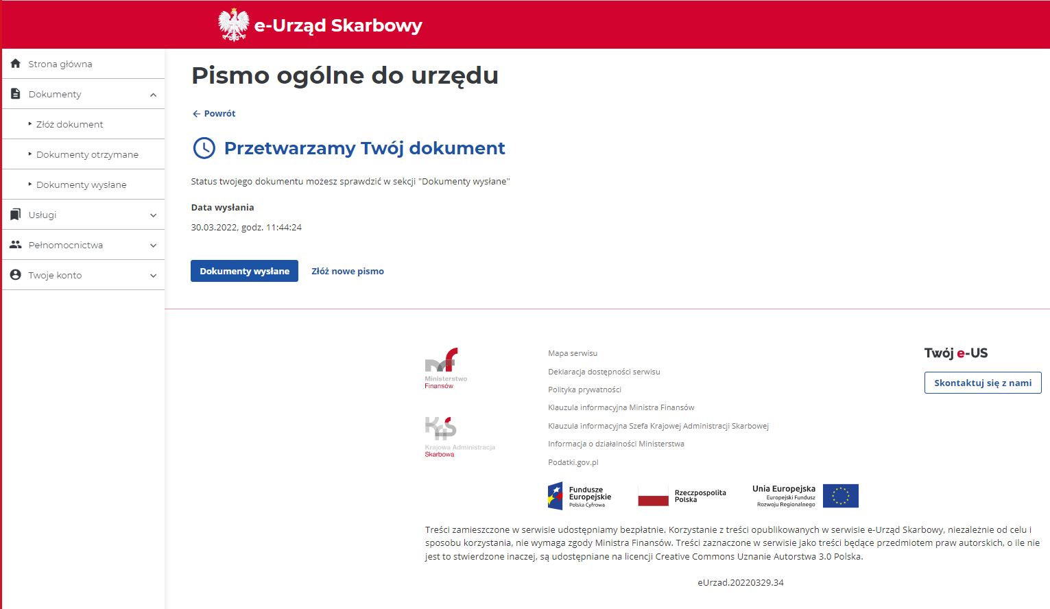 Widok ekranu podsumowania wysyłki pisma. Informacja o przetwarzaniu dokumentu odnośniki do weryfikacji statusu