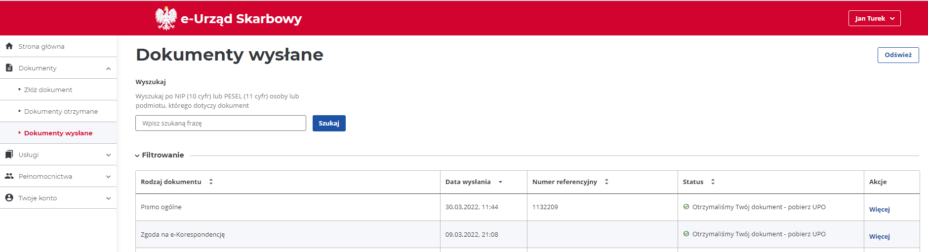 Widok zakładki dokumenty wysłane.