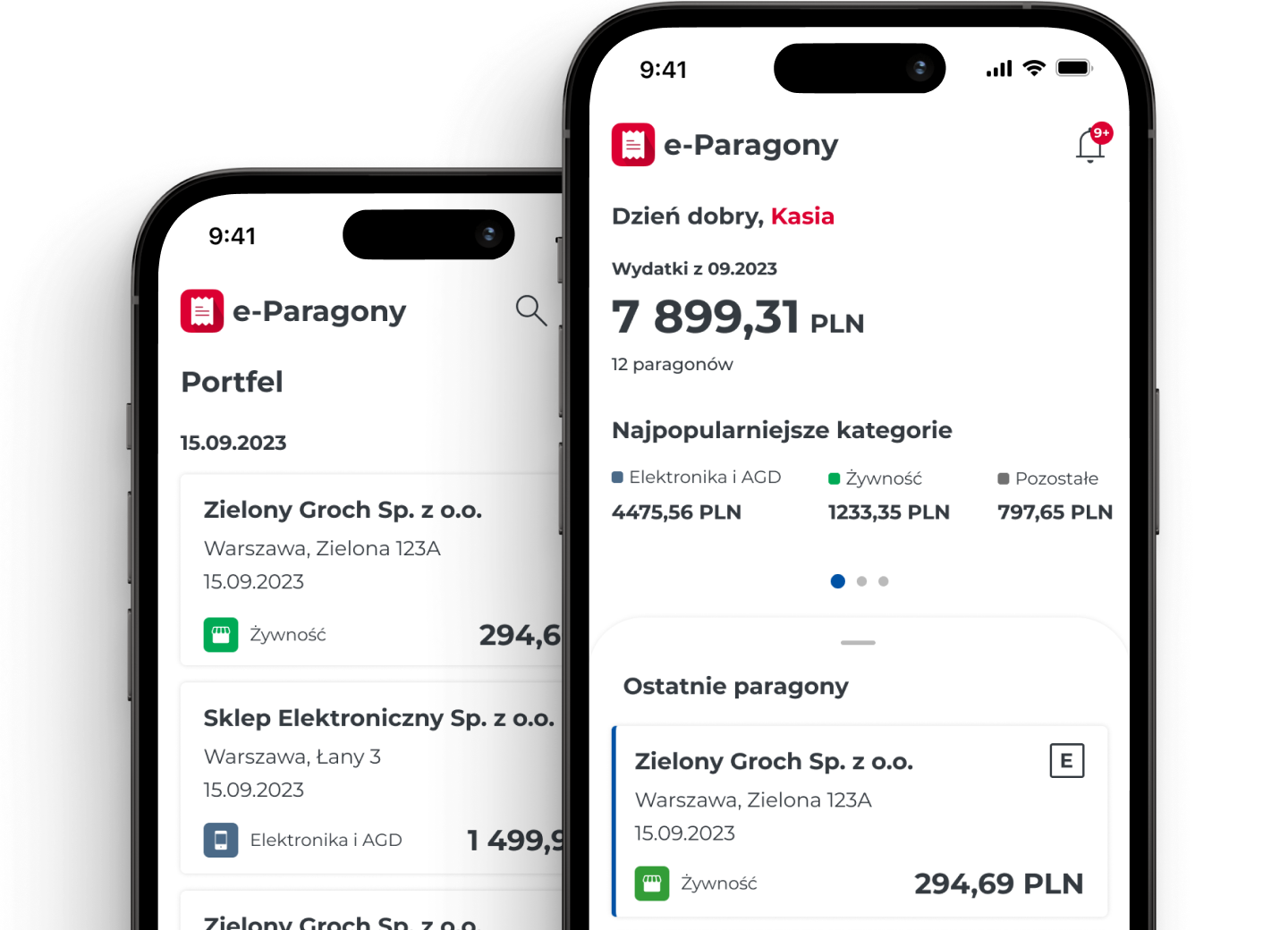 Dwa telefony komórkowe, na których widoczne są ekrany aplikacji e-Paragony: Główny i Portfel