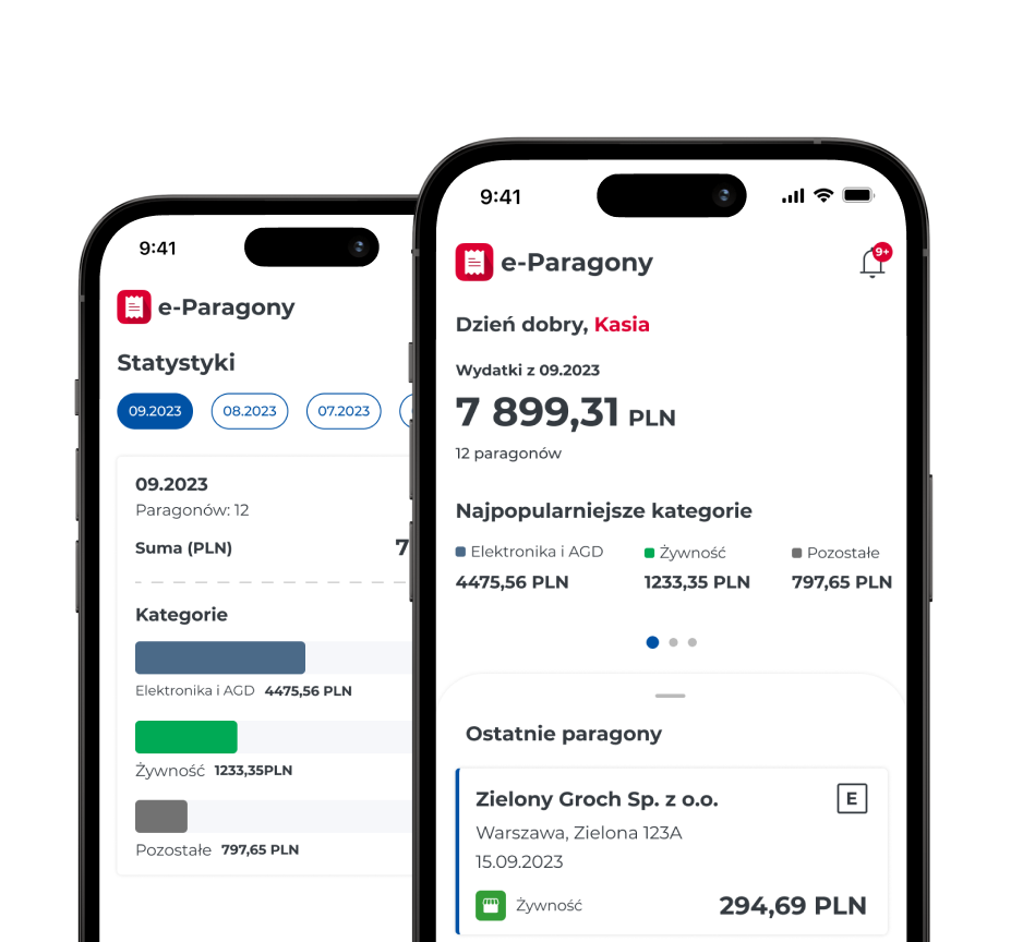 Dwa telefony komórkowe, na których widoczne są ekrany aplikacji e-Paragony: Główny i Statystyki