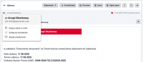Wiadomość phishingowa podszywająca się pod e-Urząd Skarbowy, wysłana z fałszywego adresu @epicentrk.com. Zawiera fikcyjny numer pisma i termin odbioru oraz próbuje nakłonić do kliknięcia w niebezpieczny link lub otwarcia załącznika.
