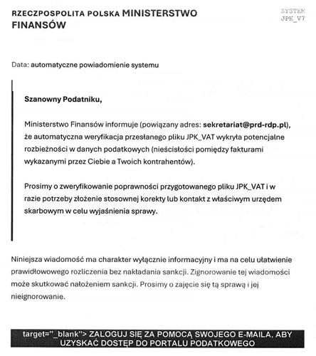 Grafika przedstawia przykład fałszywej wiadomości phishingowej podszywającej się pod Ministerstwo Finansów, której celem jest nakłonienie odbiorcy do kliknięcia odsyłacza i przekazania danych logowania.