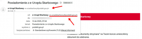 Przykład prawdziwej wiadomości e-mail e-Urzędu Skarbowego wysyłanej z oficjalnego adresu e-urzadskarbowy@podatki.gov.pl, informująca o dokumencie umieszczonym na koncie użytkownika w zakładce „Dokumenty otrzymane”.
